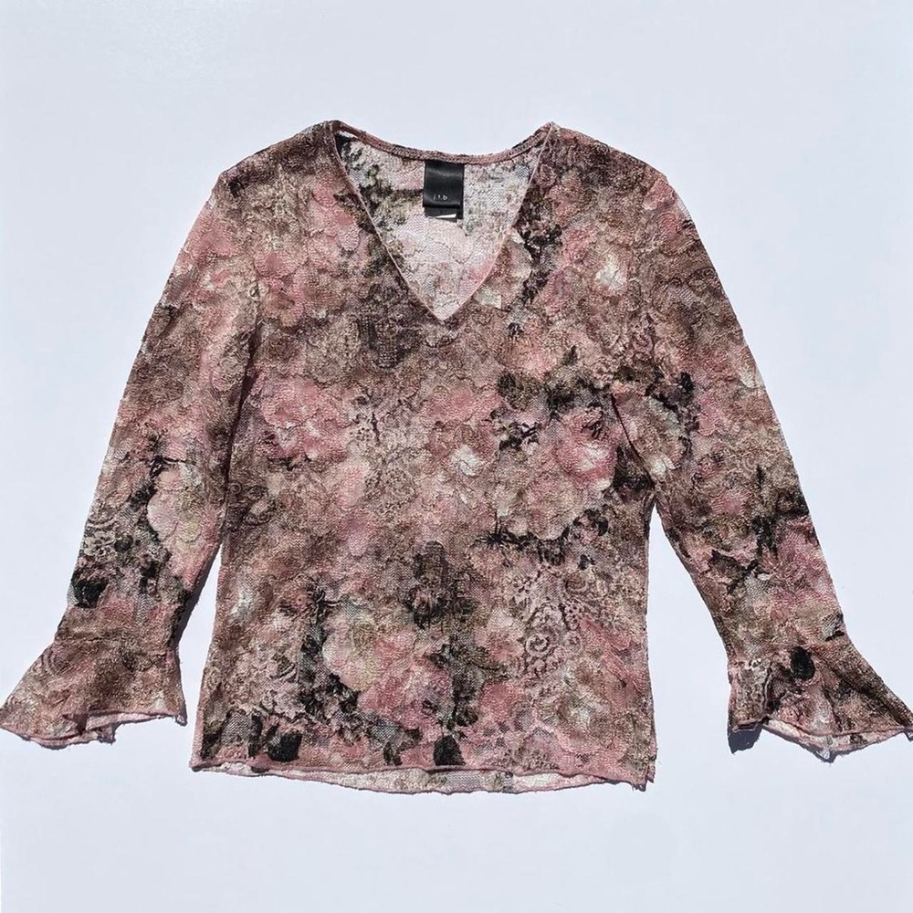 Vintage J.T.B Floral Lace Pink Long Sleeve Bell Sleeve Top Small Coquette Y2K 90